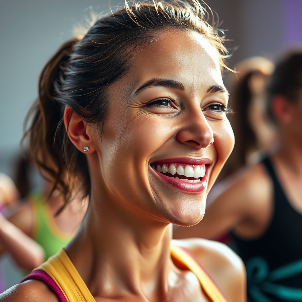 A photorealistic image of a close-up on a woman's smiling face, glistening with sweat, as she participates in a Zumba class. The background is slightly blurred, showing other participants moving energetically. Focus on capturing the genuine joy and exhilaration on her face. The lighting should be bright and uplifting, highlighting the healthy glow of her skin. Style: Natural, authentic, and relatable. Technical specs: 4K resolution, shallow depth of field, focus on capturing fine details like sweat droplets and facial expressions.