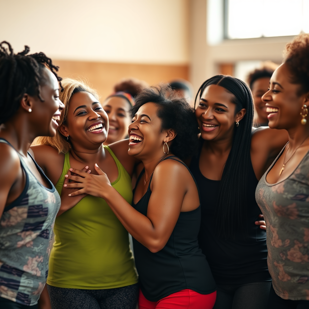 A photorealistic image of a group of diverse people laughing and hugging after a Zumba class. Focus on capturing the genuine camaraderie and connection between them. The lighting should be warm and inviting, emphasizing the feeling of friendship and community. Style: Authentic, heartwarming, and relatable. Technical specs: 4K resolution, shallow depth of field, focus on capturing genuine emotions and interactions.