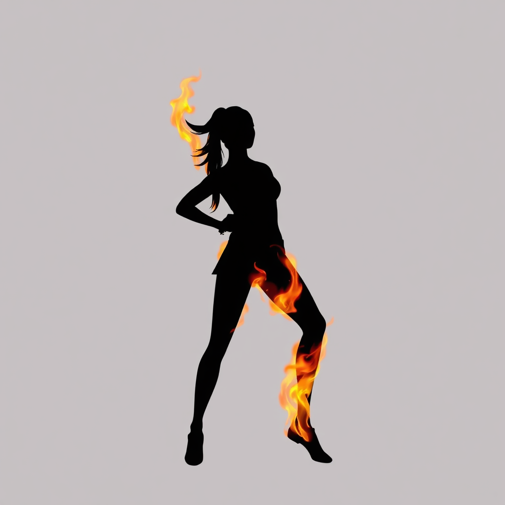 A stylized image of a human silhouette with animated flames burning around the waist area, representing the acceleration of metabolism and fat burning. The flames should be vibrant and energetic, but not menacing. The silhouette should be in a dynamic Zumba pose. Style: Symbolic, energetic, and visually striking. Technical specs: 4K resolution, vibrant colors, focus on creating a sense of dynamism and power.
