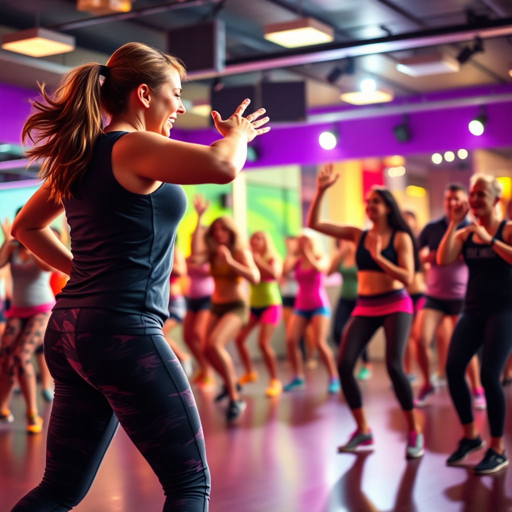 A vibrant image showcasing a Zumba instructor leading a class, demonstrating energetic dance moves. The scene should be filled with dynamic motion and colorful lighting, capturing the excitement and rhythm of Zumba. Focus on the instructor's enthusiasm and the participants' engagement. Style: Energetic, motivational, and visually appealing. Technical specs: 4K resolution, dynamic composition, focus on capturing the movement and energy of the class.