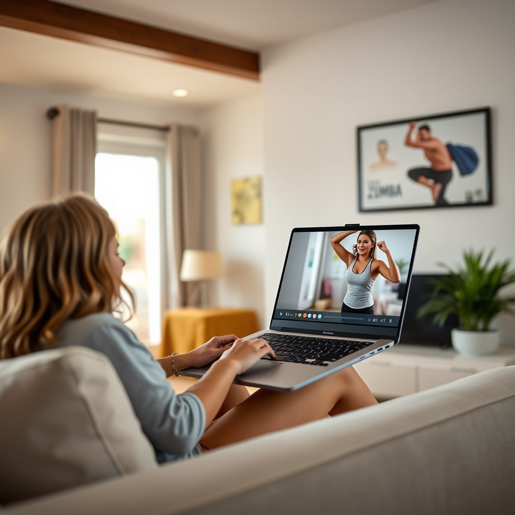 An image showing a woman participating in an online Zumba class from her living room, using a laptop or tablet. The scene should be comfortable and inviting, showcasing the convenience and accessibility of online Zumba. The lighting should be natural and relaxed, emphasizing the ease of participating from home. Style: Convenient, accessible, and visually appealing. Technical specs: 4K resolution, lifestyle shot, focus on capturing the comfort and convenience of online Zumba.