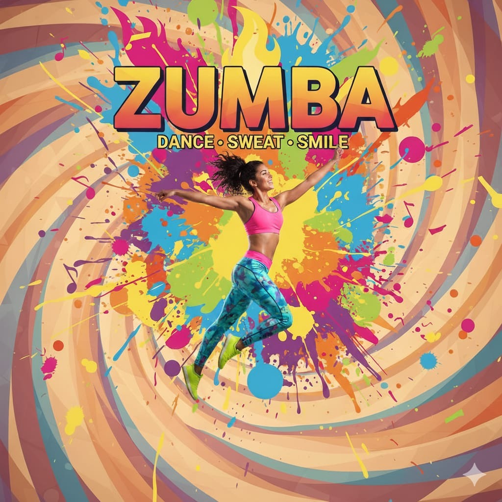 A stylized image depicting a diverse group of silhouettes dancing against a vibrant, multicolored background. The background is a swirling mix of energetic colors like orange, yellow, magenta, and turquoise, representing the dynamism and joy of Zumba. The silhouettes are posed in various Zumba dance moves, capturing the fluidity and rhythm of the dance. The overall style is modern and upbeat, with a focus on conveying the feeling of fun and inclusivity. Consider adding abstract shapes and patterns that evoke music and movement. Style: Inspired by modern dance posters and fitness magazine covers. Technical specs: 4K resolution, high quality rendering, emphasis on vibrant colors and dynamic composition.